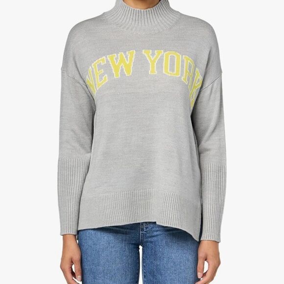 DKNY Gray Crewneck Sweater with BOLD yellow lettering and Ribbed Detailing - Picture 5 of 9